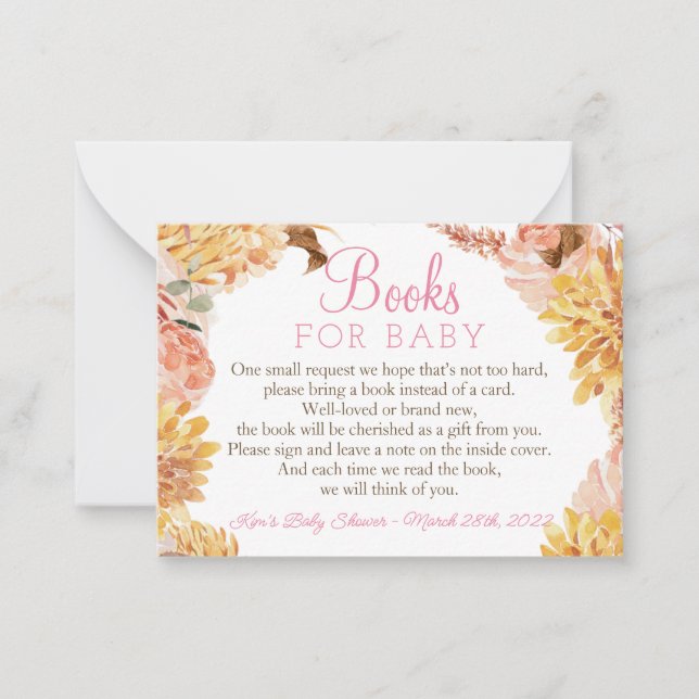 Tarjeta Pequeña Pequeño BOMBA floral Libros de Baby Shower para be (Anverso)