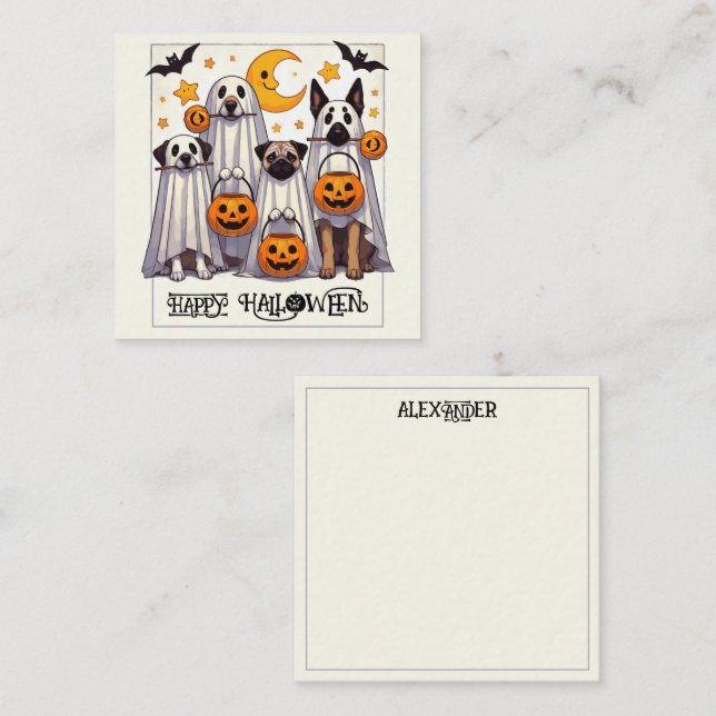 Tarjeta Pequeña Perros felices de Halloween con disfraces fantasma (Anverso / Reverso)