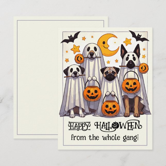 Tarjeta Pequeña Perros felices de Halloween con disfraces fantasma (Anverso / Reverso)