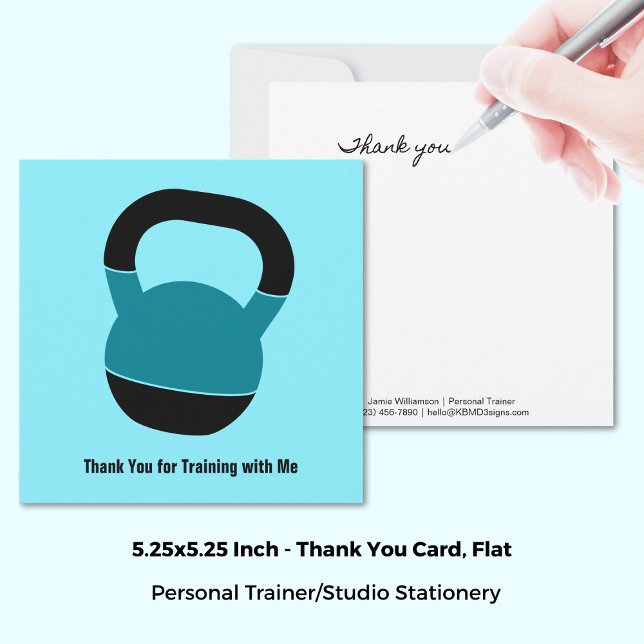 Tarjeta Pequeña Personal Trainer Kettlebell Black Blue Thank You (Personal Trainer Kettlebell Black Blue Thank You Note Card, 5.25x5.25 Inch)