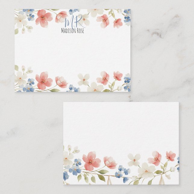 Tarjeta Pequeña Personalised Blush Watercolour Floral Monogram (Anverso / Reverso)