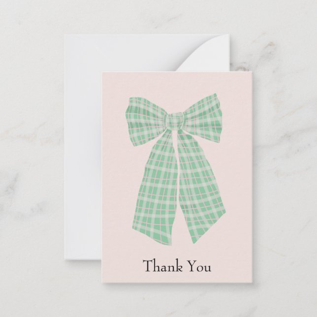 Tarjeta Pequeña Personalizable Gingham Coquette Bow Rubor Gracias (Anverso)