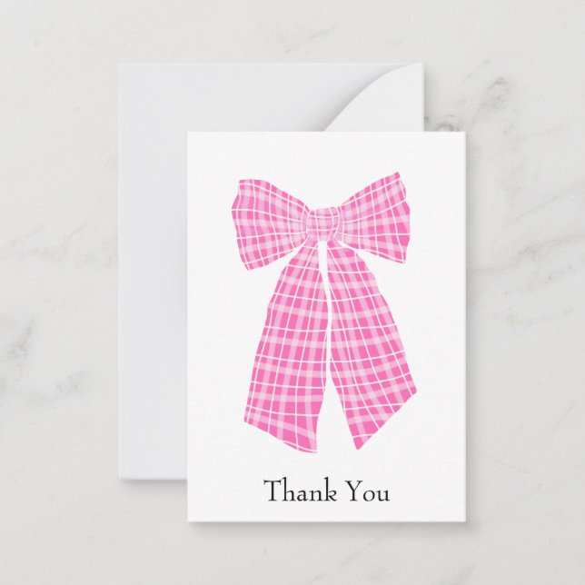 Tarjeta Pequeña Personalizable Rosa Gingham Coquette Bow Gracias (Anverso)