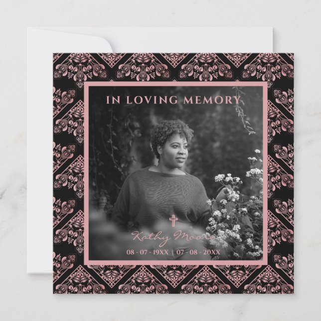 Tarjeta Pequeña Personalizado de Damask Rosa de moda Foto Funeral  (Anverso)