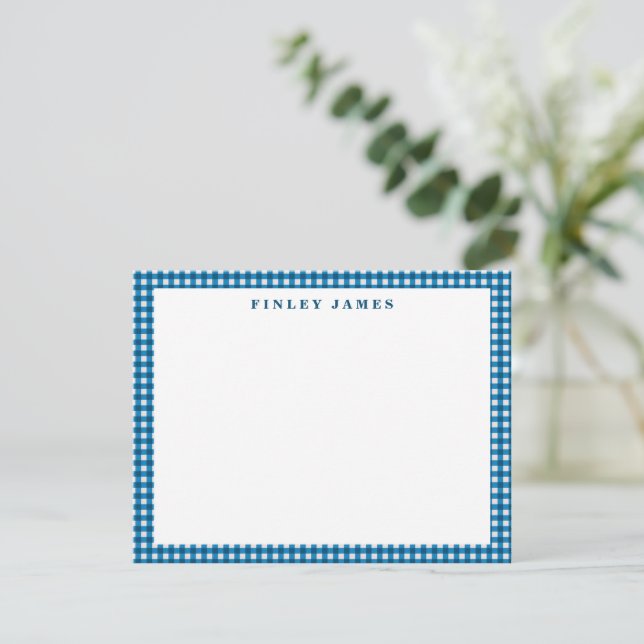 Tarjeta Pequeña Personalizado de Gingham Plaid azul y blanco (Anverso de pie)