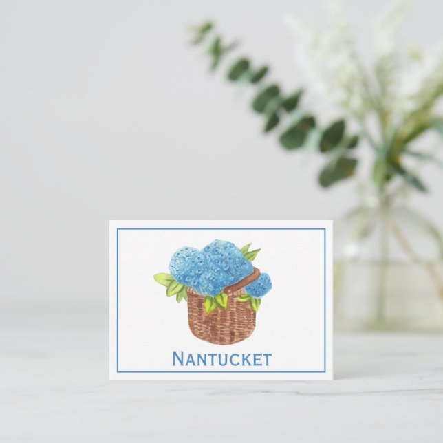 Tarjeta Pequeña Personalizado Nantucket Basket Blue Hydrangeas Gra (Anverso de pie)