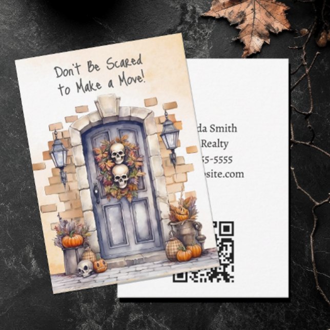 Tarjeta Pequeña Personalizado No te asustes Estate Pop por (Don't Be Scared to Make a Move Halloween Real Estate Pop By Card with QR code. Editable)