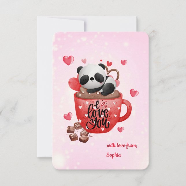 Tarjeta Pequeña Personalizado Panda en una taza te amo chocolate c (Anverso)
