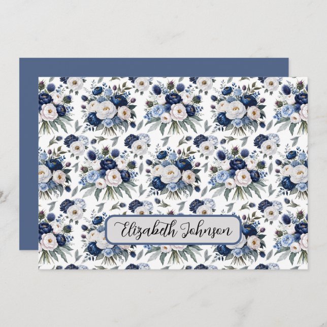 Tarjeta Pequeña Personalized Blue Floral Botanical Note Card (Anverso / Reverso)