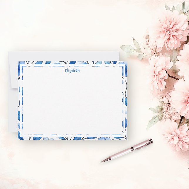 Tarjeta Pequeña Personalized Blue Floral Flat Note Card (Subido por el creador)