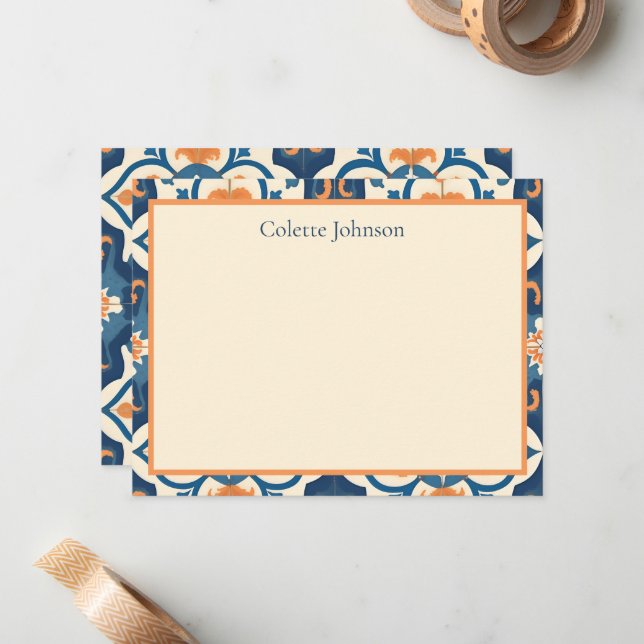 Tarjeta Pequeña Personalized Blue Orange Tile Stationery (Anverso/Reverso In Situ)