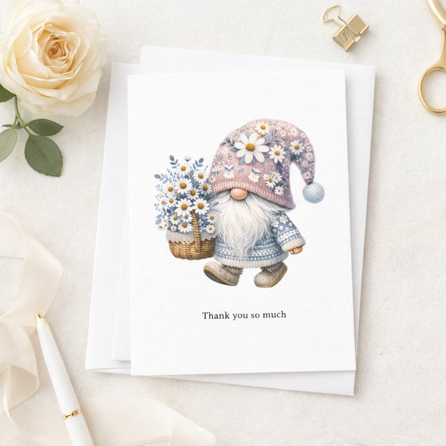 Tarjeta Pequeña Personalized Cute Daisy Flower Gnome Thank you  (Cute Garden Gnome with Daisies Thank you card)