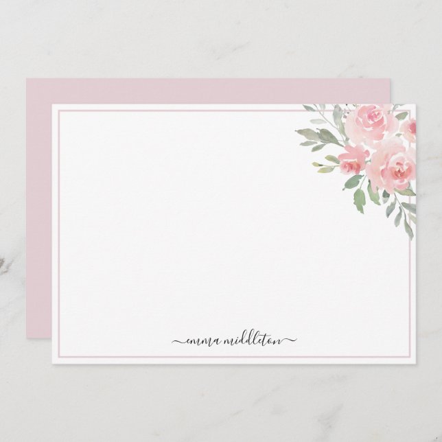 Tarjeta Pequeña Personalized Elegant Blush Pink Roses and Greenery (Anverso / Reverso)