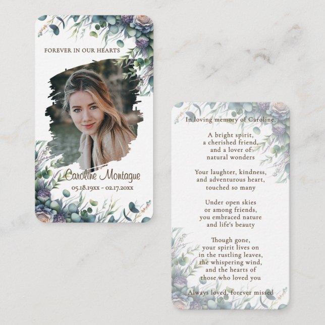 Tarjeta Pequeña Personalized Elegant Floral Photo Memorial Card (Anverso / Reverso)