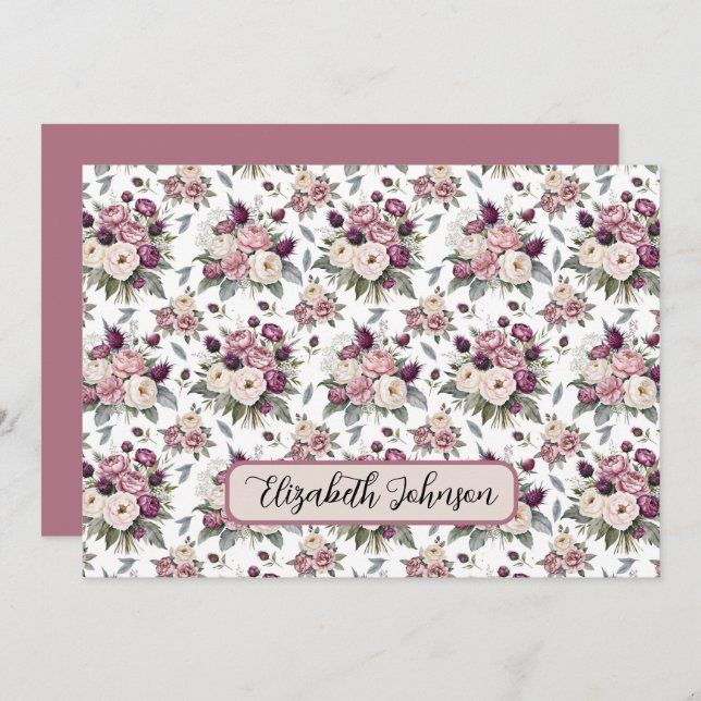 Tarjeta Pequeña Personalized Mauve Floral Botanical Note Card (Anverso / Reverso)