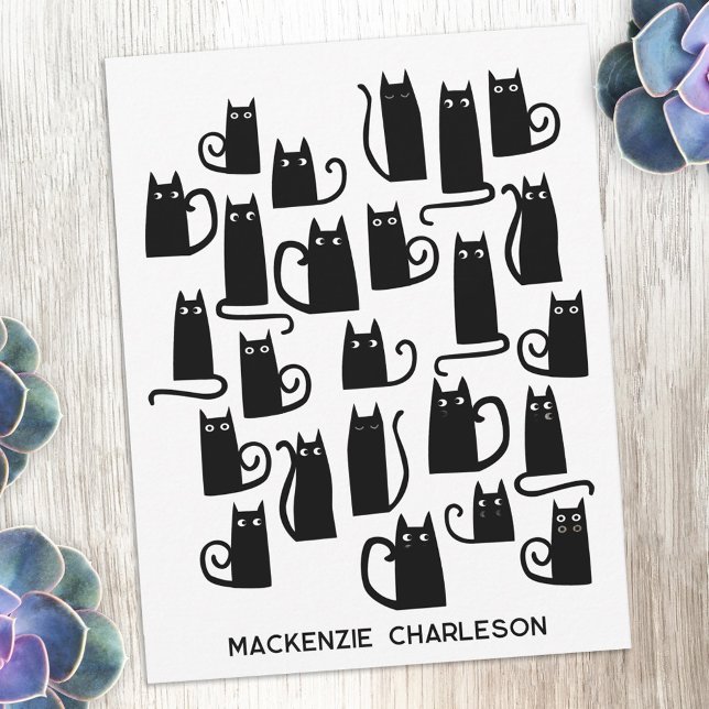 Tarjeta Pequeña Personalized Name Fun Black Cat (Fun black cat design personalized custom name or text notecards for animal lovers)