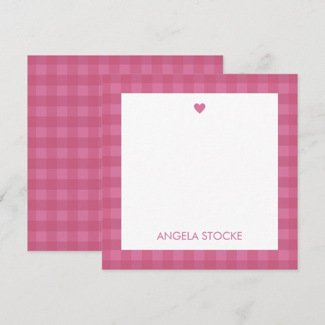 Tarjeta Pequeña Personalized Pink Gingham Note Card (Anverso / Reverso)