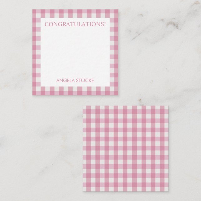 Tarjeta Pequeña Personalized Pink White Gingham (Anverso / Reverso)