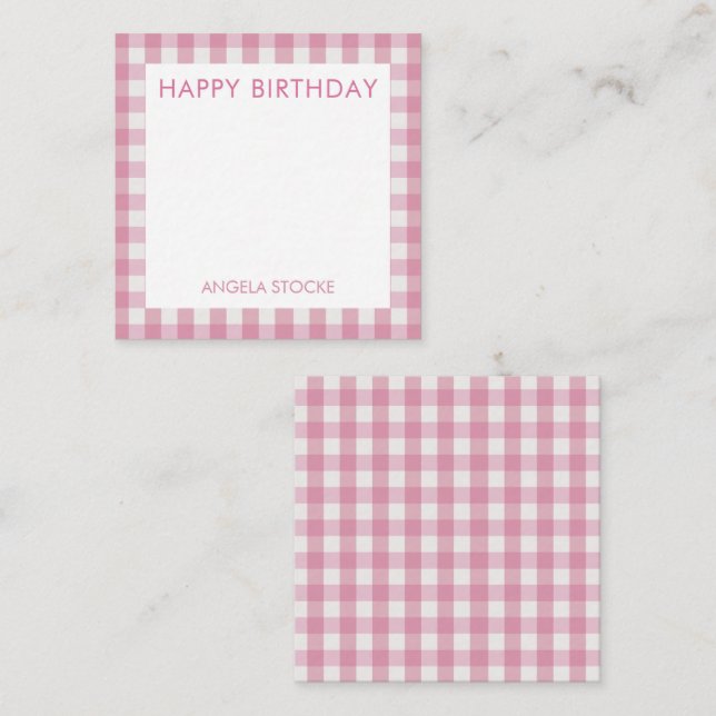 Tarjeta Pequeña Personalized Pink White Gingham (Anverso / Reverso)
