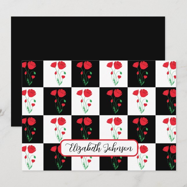 Tarjeta Pequeña Personalized Poppy Checkerboard Floral Note Card (Anverso / Reverso)