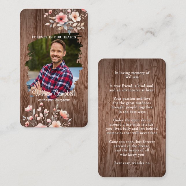 Tarjeta Pequeña Personalized Rustic Floral Photo Memorial Card (Anverso / Reverso)