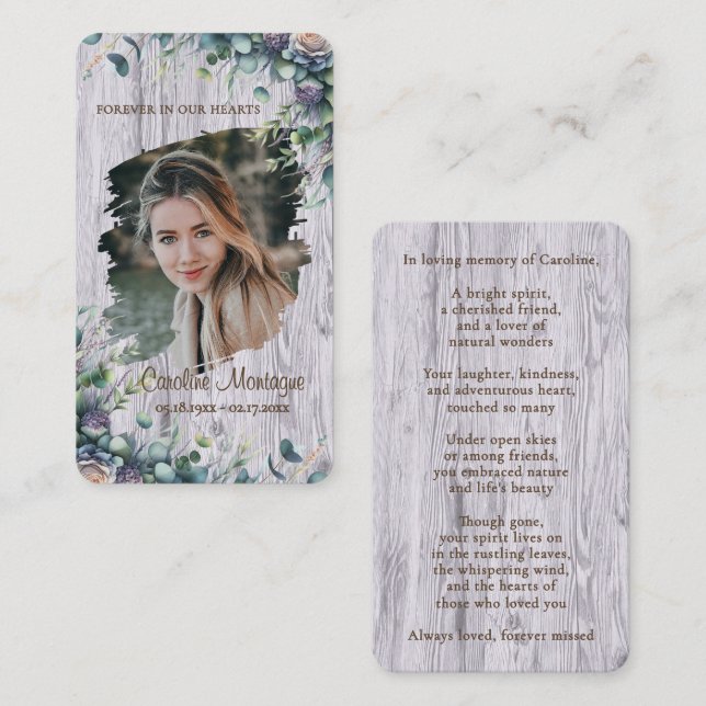 Tarjeta Pequeña Personalized Rustic Floral Photo Memorial Card (Anverso / Reverso)