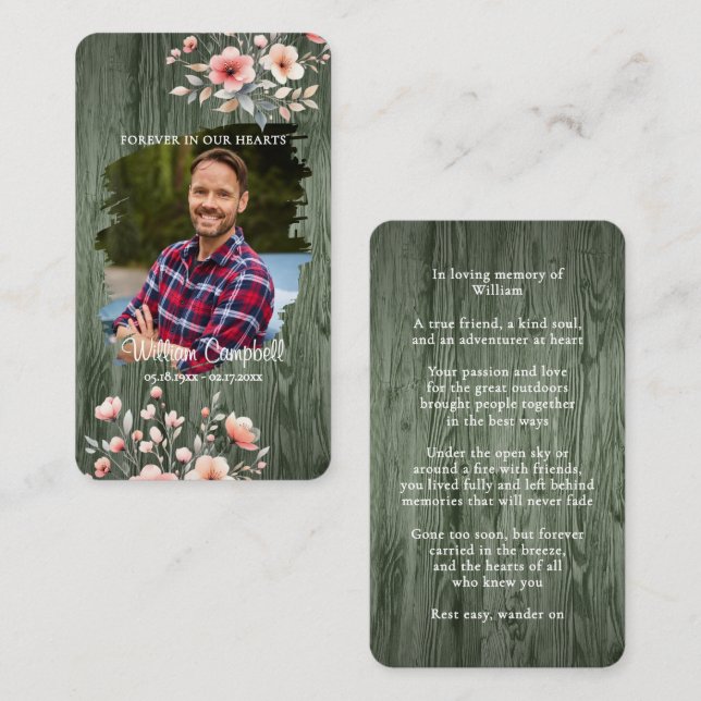 Tarjeta Pequeña Personalized Rustic Floral Photo Memorial Card (Anverso / Reverso)