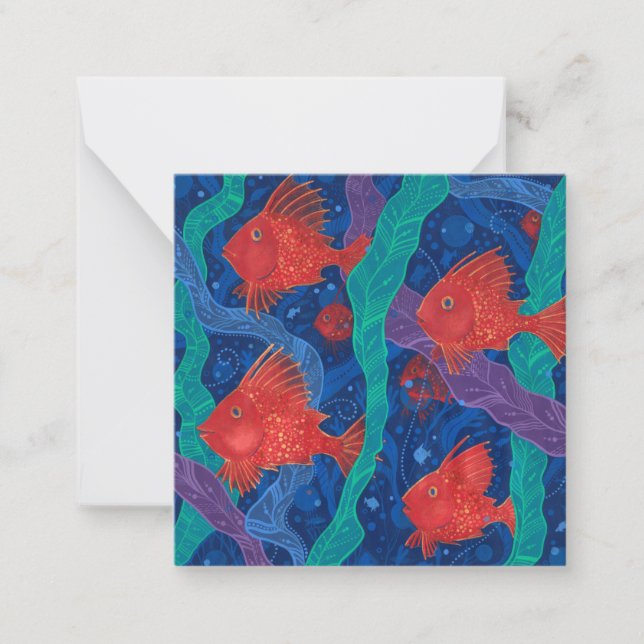 Tarjeta Pequeña Pescado rojo, algas marinas, animales marinos, art (Anverso)