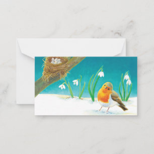 Tarjeta Pequeña Petirrojo (Erithacus rubecula) y campanillas de in