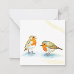 Tarjeta Pequeña Petirrojos Rojos en Invierno 