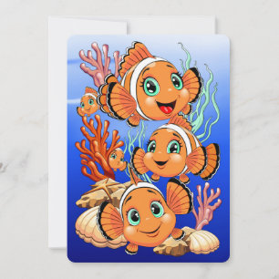Tarjeta Pequeña Pez payaso Dibujo animado lindo Familia Subacuátic