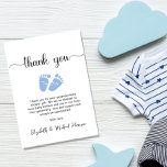 Tarjeta Pequeña Pies Azules Cuidados Bebé Ducha Gracias<br><div class="desc">Gracias a tu bebé que duchó a los invitados con esta tarjeta de agradecimiento linda y económica con "gracias" en un guión elegante con toques y una acuarela azul de pies de bebé. Debajo puede personalizar fácilmente su mensaje de agradecimiento o dejar en blanco una nota manuscrita. Por favor, tenga...</div>