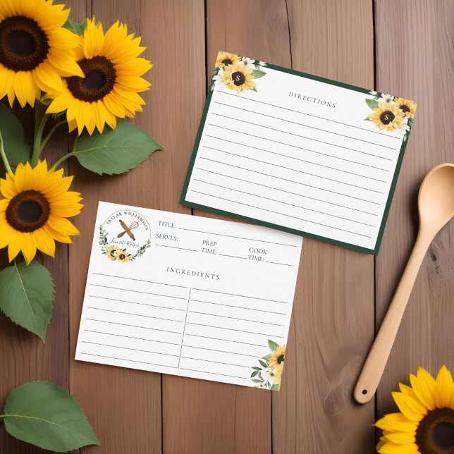 Tarjeta Pequeña Pin rodante de madera y receta de girasol amarillo (Wooden Rolling Pin & Whisk Yellow Sunflower Recipe Note Card)