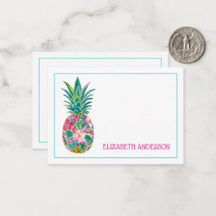 Tarjeta Pequeña Piña tropical rosa y verde floral