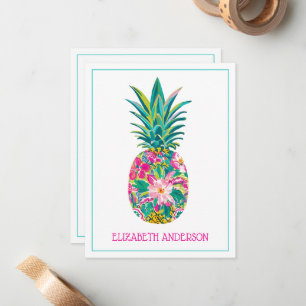 Tarjeta Pequeña Piña tropical rosa y verde floral