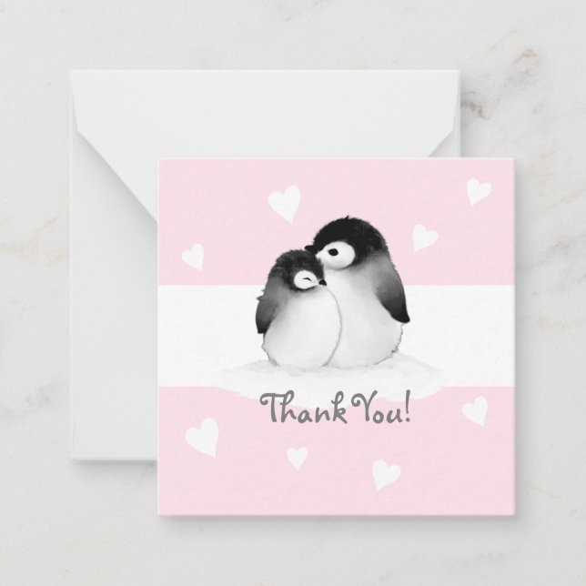Tarjeta Pequeña Pingüino De Corazón Rosa Gracias Notecards (Anverso)