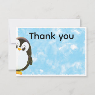 Tarjeta Pequeña Pinguino Lindo Agradecimiento Acuarela Azul