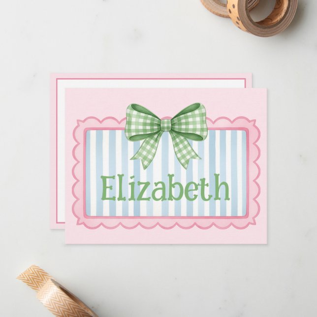Tarjeta Pequeña Pink and Blue Frame With Green Gingham Bow (Anverso/Reverso In Situ)