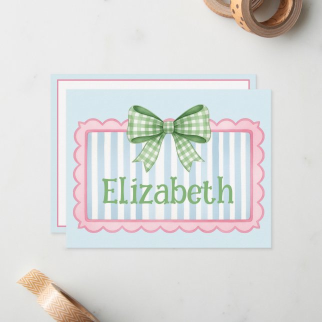 Tarjeta Pequeña Pink and Blue Frame With Green Gingham Bow (Anverso/Reverso In Situ)