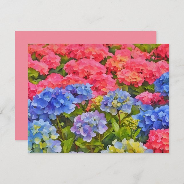 Tarjeta Pequeña Pink and Blue Hydrangea Flowers Note Card Set (Anverso / Reverso)