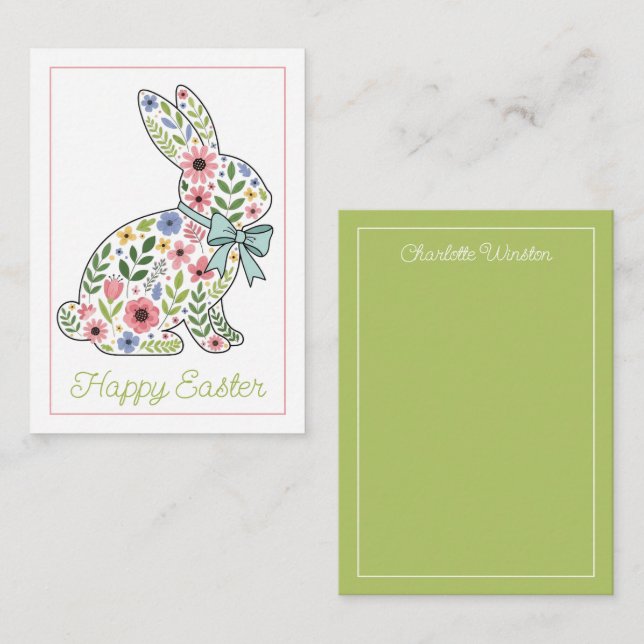 Tarjeta Pequeña Pink and Blue Wildflower Easter Rabbit (Anverso / Reverso)