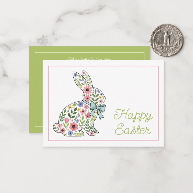 Tarjeta Pequeña Pink and Blue Wildflower Easter Rabbit (Anverso/Reverso In Situ)