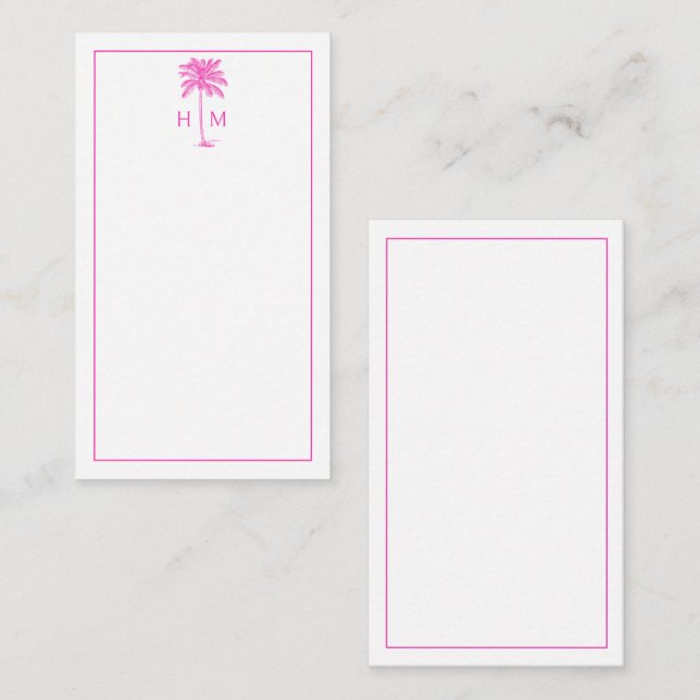 Tarjeta Pequeña Pink and White Palm Palmetto Tree Monogram (Anverso / Reverso)