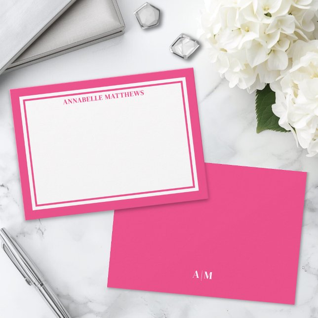 Tarjeta Pequeña Pink Border Minimalist Name Monogram (Pink Border Minimalist Name Monogram Note Card )