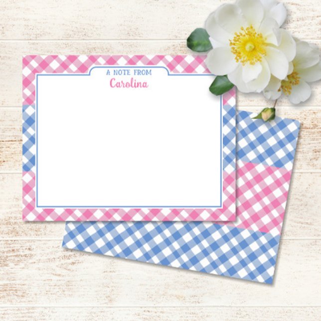 Tarjeta Pequeña Pink & Cornflower Blue Preppy Gingham Stationery (Pink & Cornflower Blue Gingham Flat Note Cards)