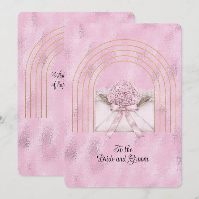 Tarjeta Pequeña Pink Hydrangea Envelope Gold Arches (Anverso / Reverso)