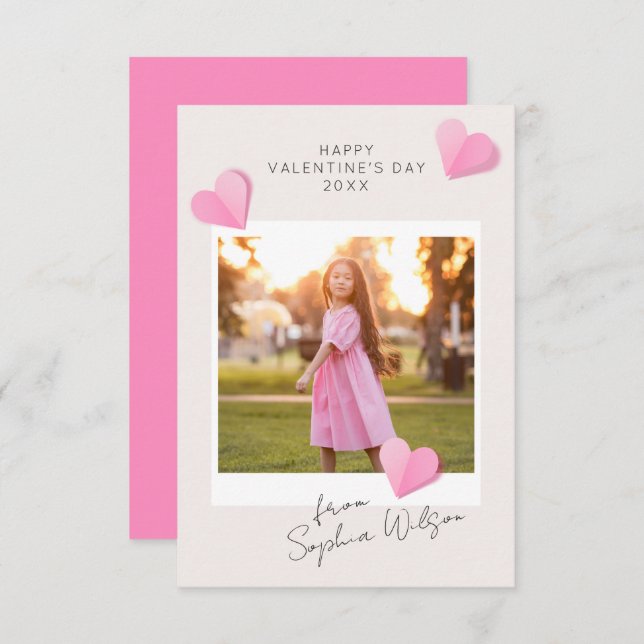 Tarjeta Pequeña Pink Paper Hearts Photo Love Happy Valentine's Day (Anverso / Reverso)