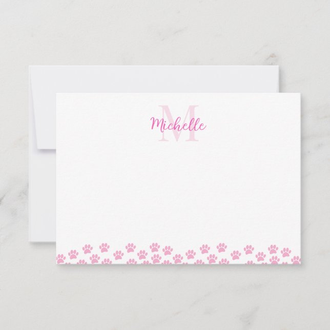 Tarjeta Pequeña Pink Pet Paw Prints Custom Monogram Cute  (Anverso)