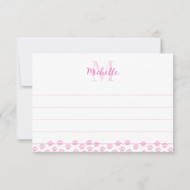 Tarjeta Pequeña Pink Pet Paw Prints Custom Monogram Cute Lined (Anverso)