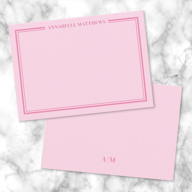 Tarjeta Pequeña Pink Two Border Minimalist Name Monogram (Pink Two Border Minimalist Name Monogram Note Card)